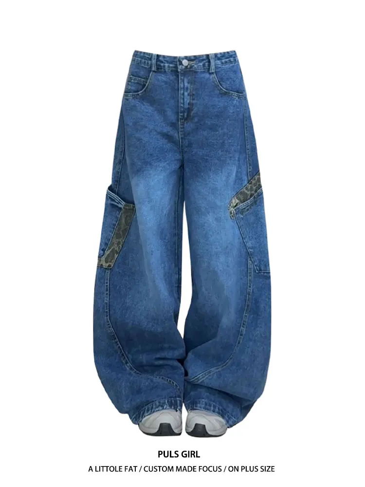 

Retro Large Size Leopard Print Patchwork Wide Leg Jeans Women's Loose Fit Casual High Waist Denim Pants Autumn New Style