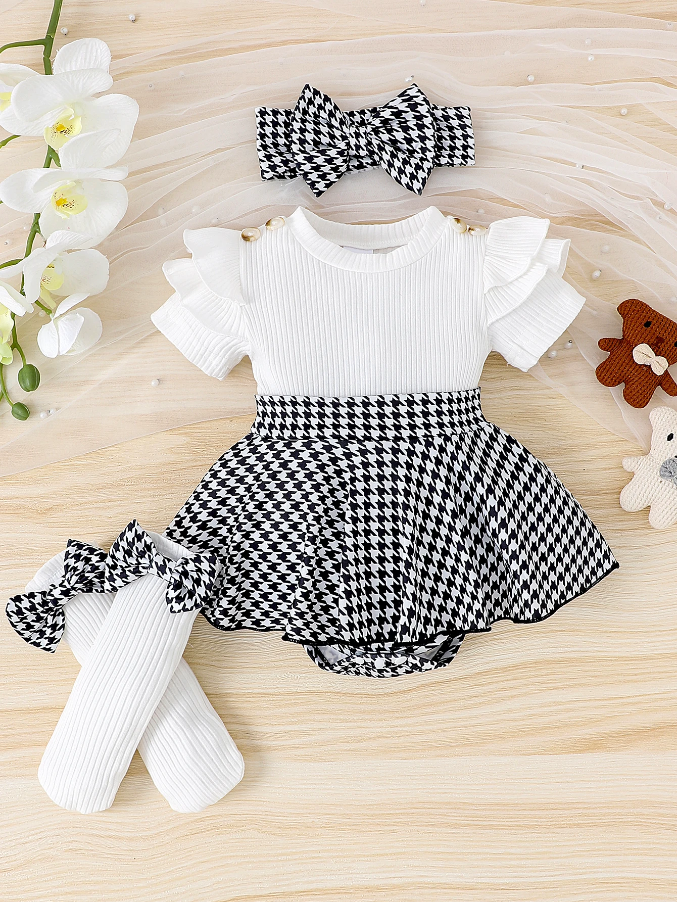3PCS Summer New Style Girls 0-1 Years Old Sweet and Lovely Short-Sleeved Houndstooth Dress