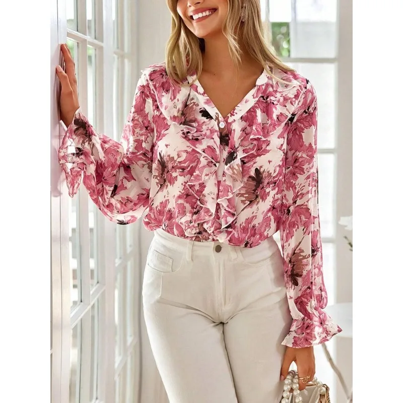 

Плюс размер 1XL-5XL, женская модная однобортная блузка с лацканами и цветочным принтом, рубашка, женская повседневная удобная рубашка с длинными рукавами