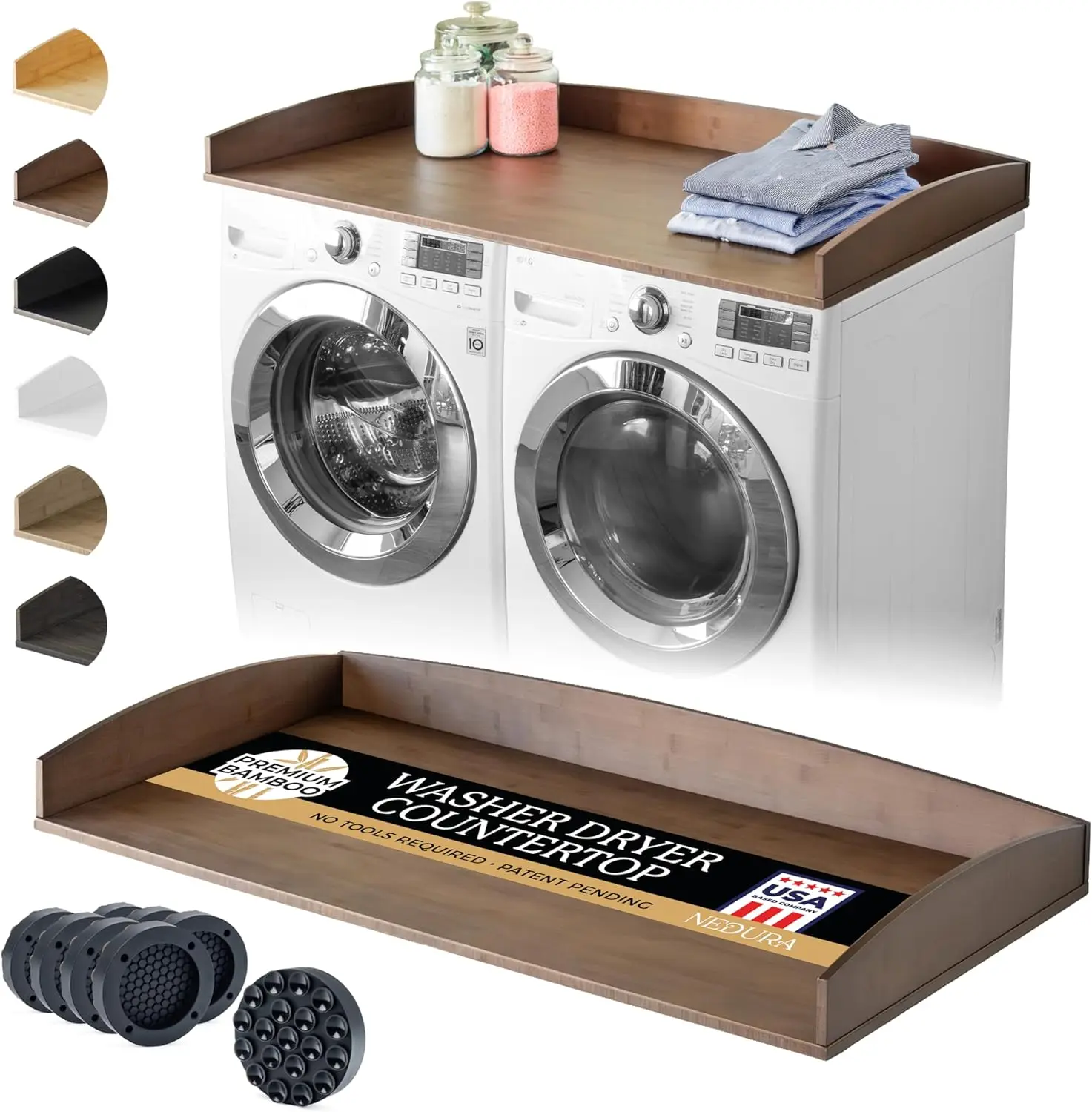 

Dark Walnut Laundry Countertop Washer Dryer Topper Anti Vibration Pads Rails Organization Accessory