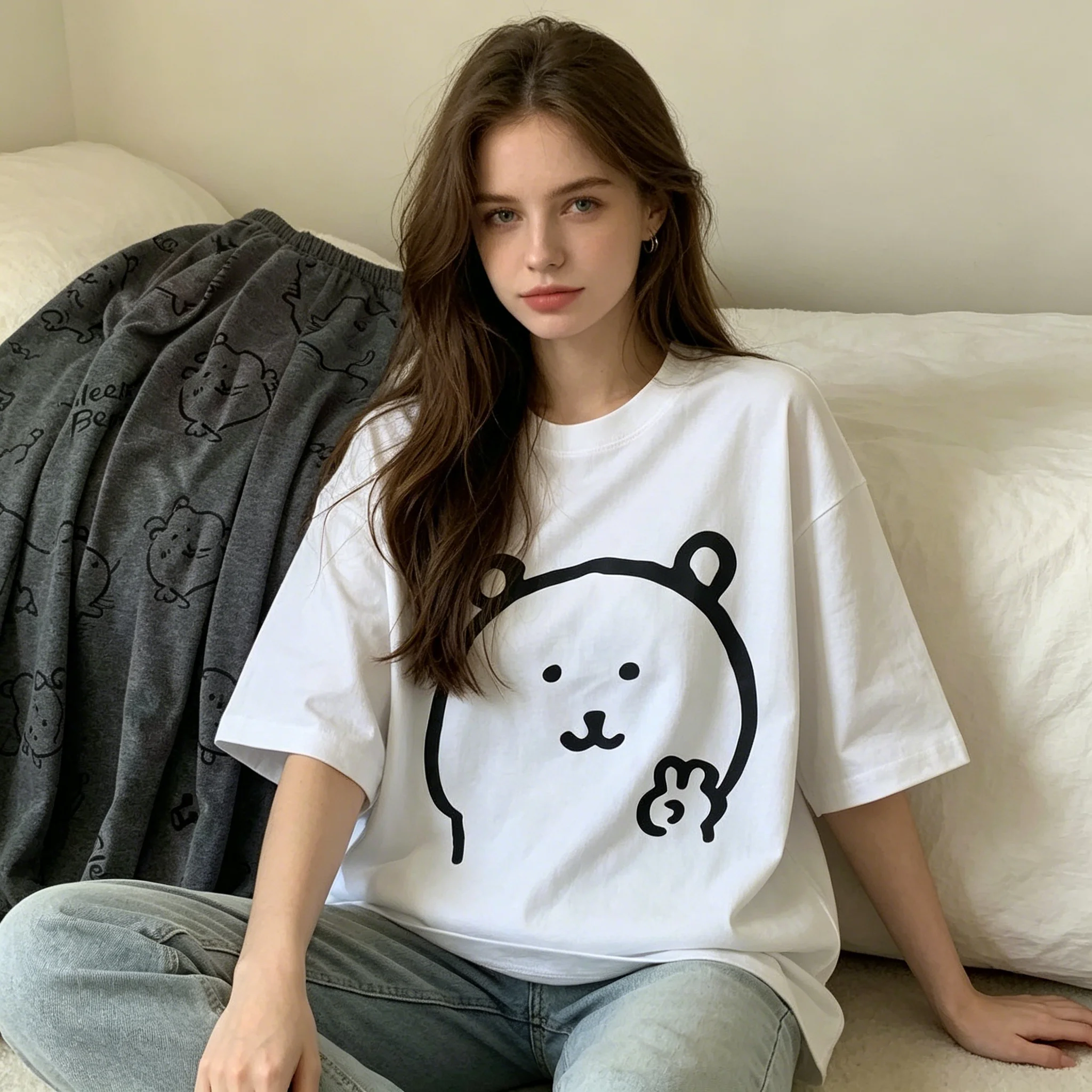 2026 Summer Nagano Anime Couple Short Sleeved Collaboration T-shirt,  Couple Outfit T-shirt, Cute Self Deprecating Bear Print