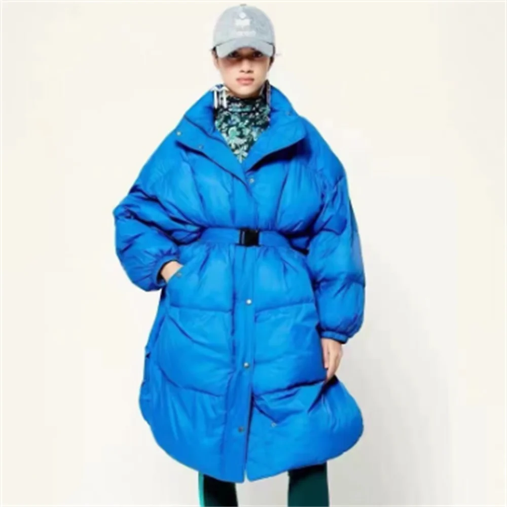여성용 벨트 다운 재킷, 긴 겨울 화이트 덕 다운 패션, 느슨한 코트