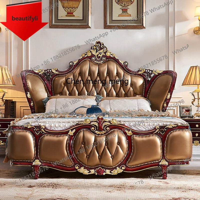 

X188 European full solid wood carving flower neoclassical master bedroom double bed leather wedding bed villa furniture