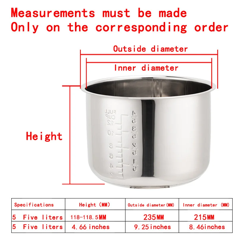 

5 Liters118 Electric Pressure Cooker Liner Stainless Steel 304 Food Grade Multi-Bowl Soup Porridge Pot Bile Cooker Accessories