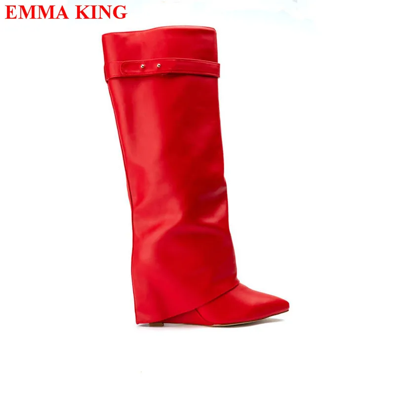 

Fashion Winter Red Fold Wedge Knee High Boots Woman Autumn Slip On Pointed Toe Women Boots Belted High Heels Ladies Shoes 2023