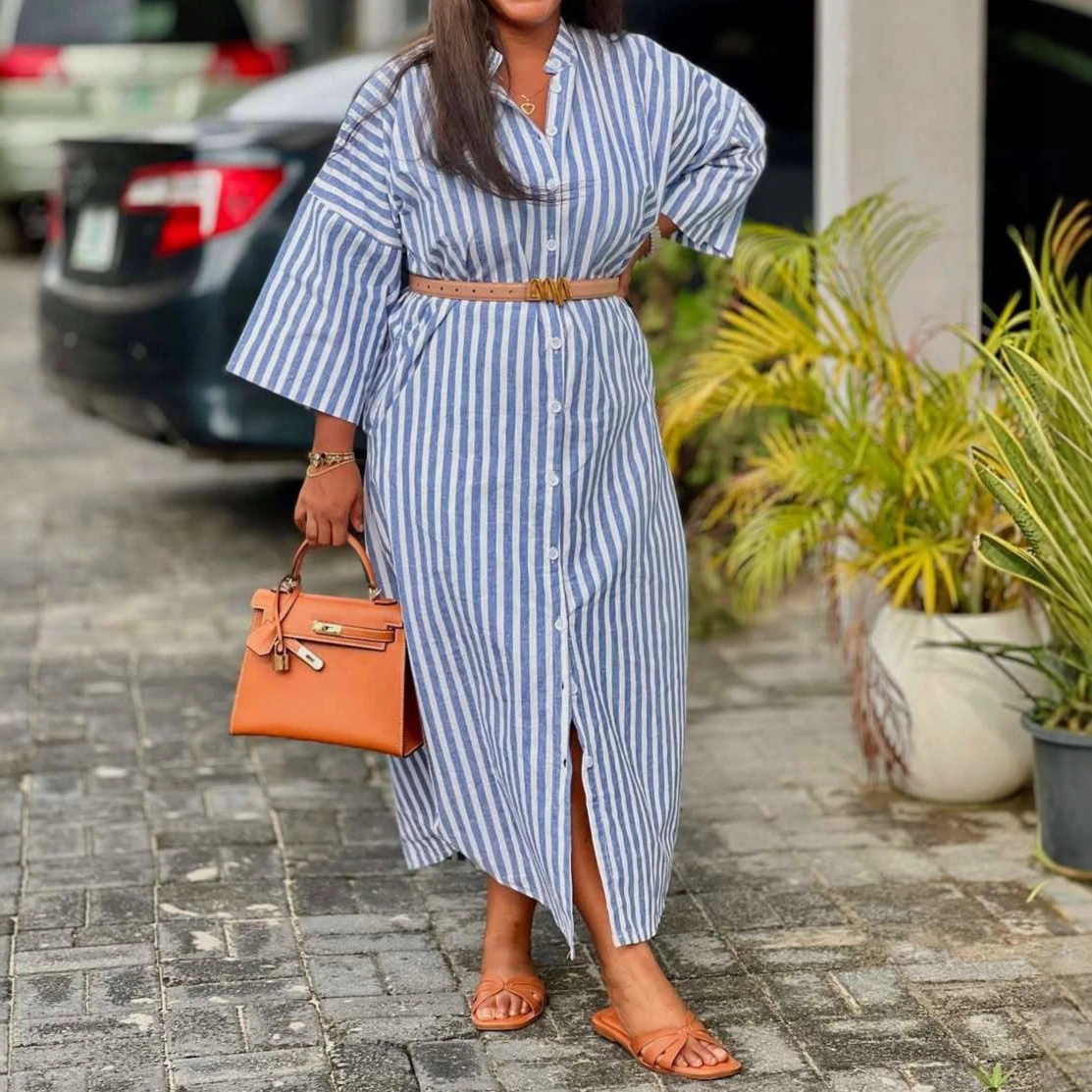 فستان نسائي طويل فساتين قميص عالية الخصر من Vestidos Y2k ملابس الشارع مخططة أنيقة بأكمام قصيرة للحفلات الليلية والعمل غير الرسمي #1