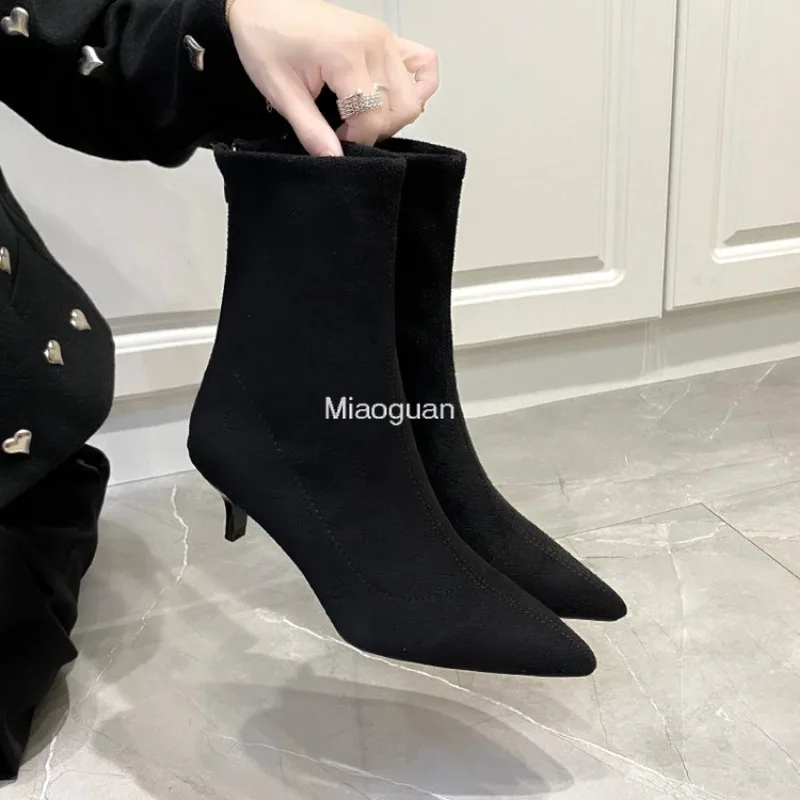 2024 Stretch Fabric Socks Boots Woman\'s Black Shoes Elegant Pointed Toe Knitting Elastic Sexy Party Ankle Boots for Women 35-40