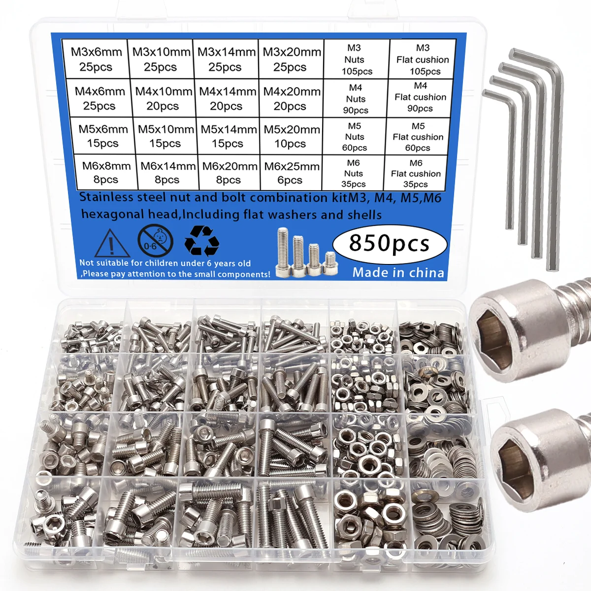 

850 PCS Stainless Steel Hexagon Nut and Bolt Combination Set - Including Flat Washer Wrench - M3, M4, M5, M6 Hexagon Head, 4 Spe