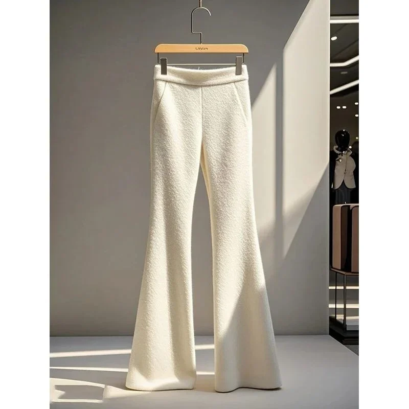 

Новые модные шерстяные расклешенные брюки для женщин, элитные осенне-зимние мягкие повседневные утепленные брюки с тонкой талией, однотонные офисные женские брюки