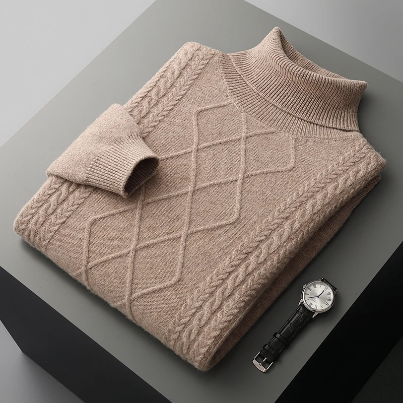 Wheat Autumn/Winter new 100% Merino wool cashmere sweater men's lapel pullover warm bottom knit shirt top