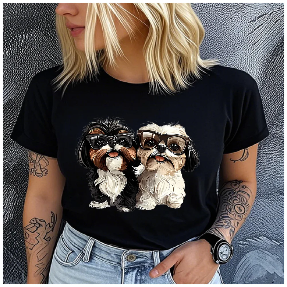 Cotton 100% Cartoon Sunglasses Shih Tzu Pair Print T Shirt Women Lovely Fluffy Puppy Casual Daily Basic Short Sleeve Top