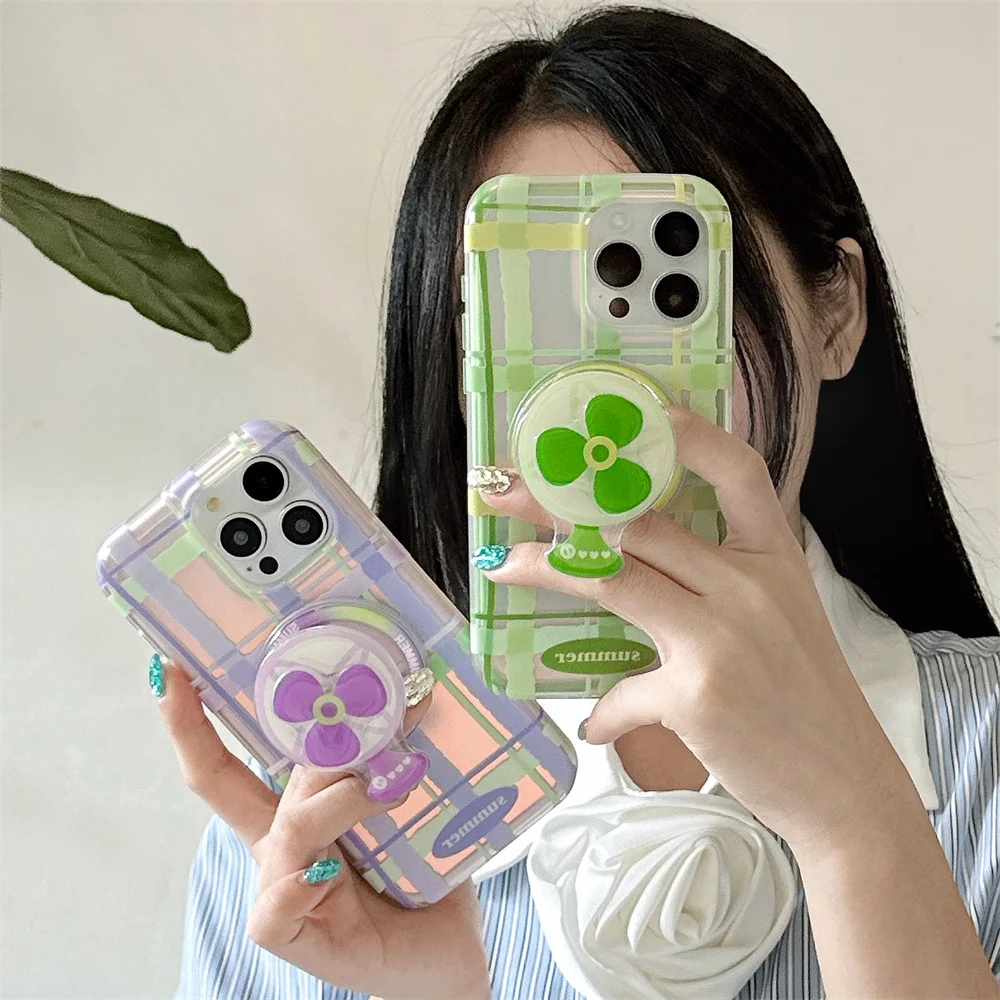 

Korean INS Summer grid Fan Magnetic Stand Phone case For iPhone 14 15 16 17 Pro Max With Rotate Magnetic Holder Protective Cover