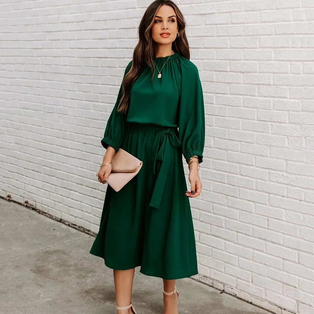 Summer Green Fashion Lace Up Dress For Women's O Neck Elegant Ladies Half Sleeve Big Swing Party Dresses 2022 Spring Robe Femme