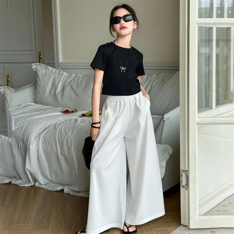 Girls Pants Summer Casual Culottes Children Girls Draw Rope Short Sleeved Summer Fashion Wide-leg Pants Korean Simple Style