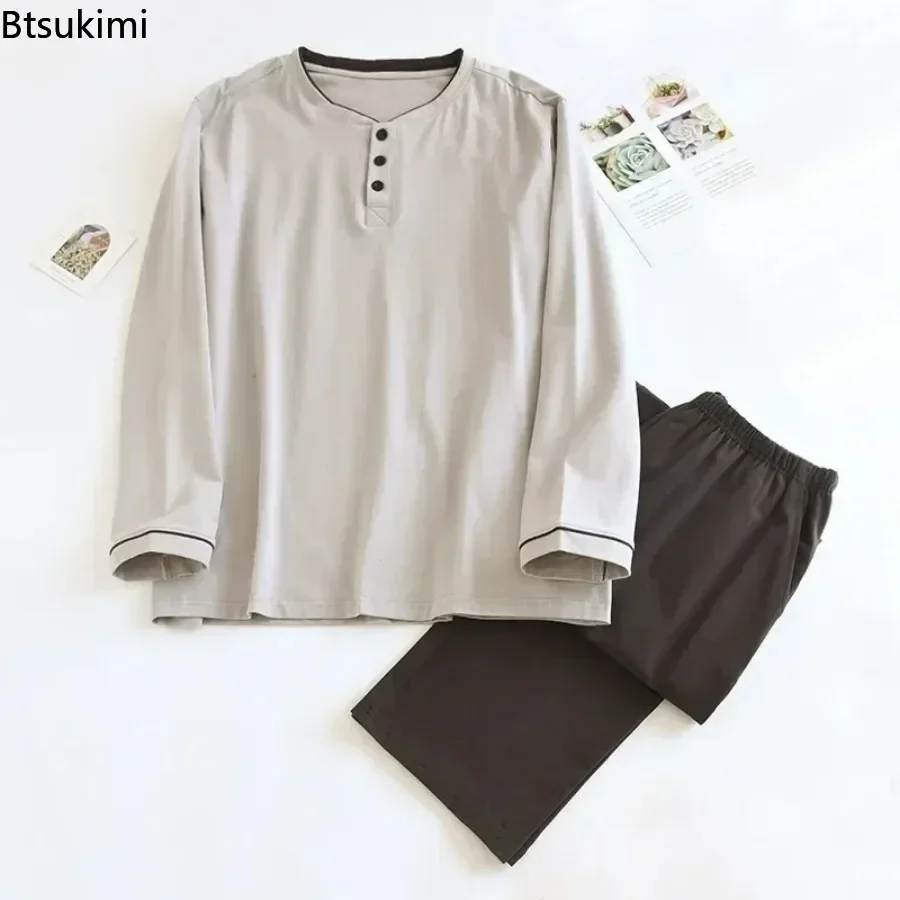 

2026 Men's 100% Pure Cotton Pajama Sets AB Style Long Sleeved Pullovers+Pants Home Clothing Men Solid O-Neck Simple Pajamas Sets