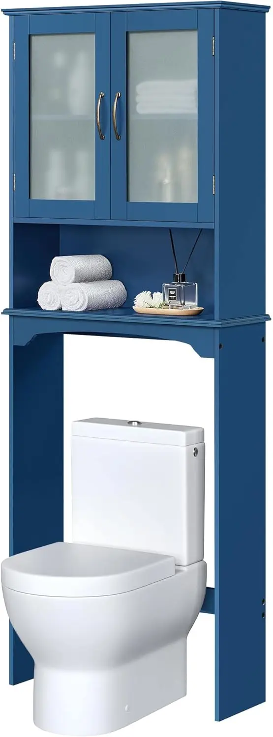 Over The Toilet Storage Cabinet Free Standing Toilet Rack with Adjustable Shelves and Tempered Glass Doors Navy Blue