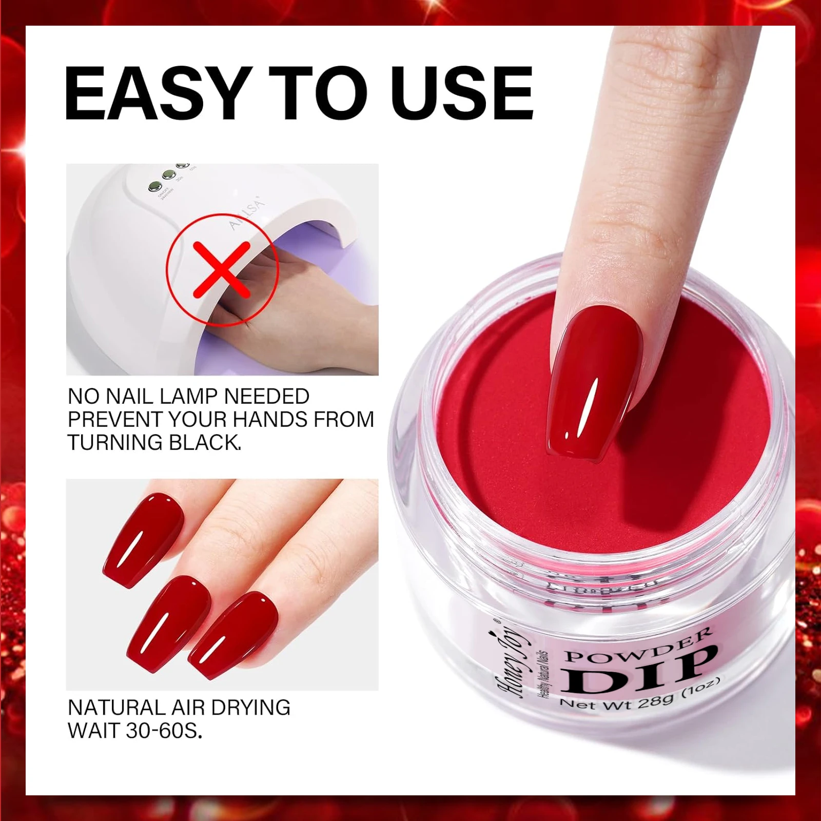 28g/pot Very Fine Valentine's Day Colors Red Glitter Dip Powder System Acrylic Dipping Powder as Nail Gel Nail Polish Effect