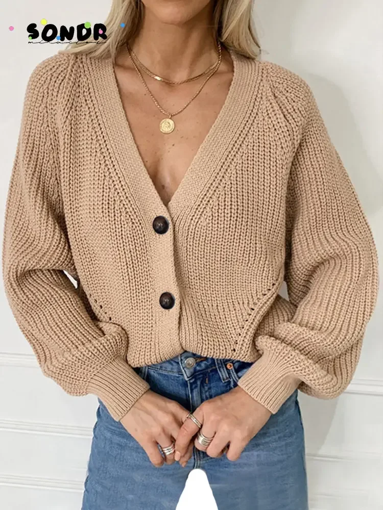 

Women Knitted Cardigans Sweater Fashion Autumn Long Sleeve Loose Coat Casual Button Thick V Neck Solid Female Tops 2022 Crop Top