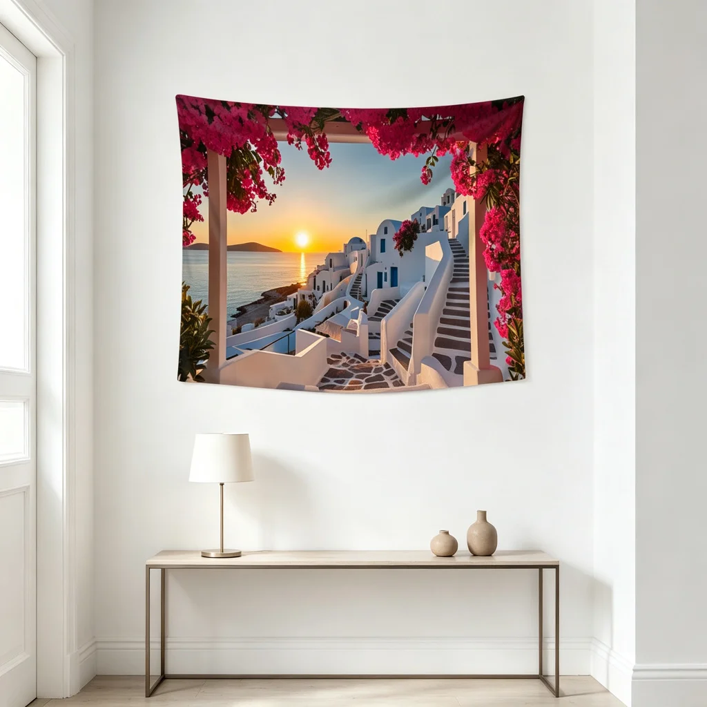 1PC Greek Town Print Backdrop Banner, Bedroom Living Room Photo Background, Polyester Wall Hanging, Home Decor, Wall Art