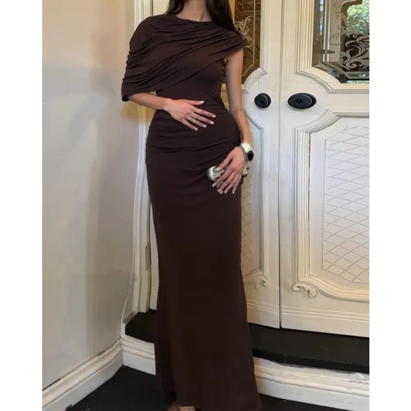 Irregular Ruched Sexy Maxi Dress for Women Elegant Autumn Inclined Shoulder Pleated Club Party Long Dresses Female