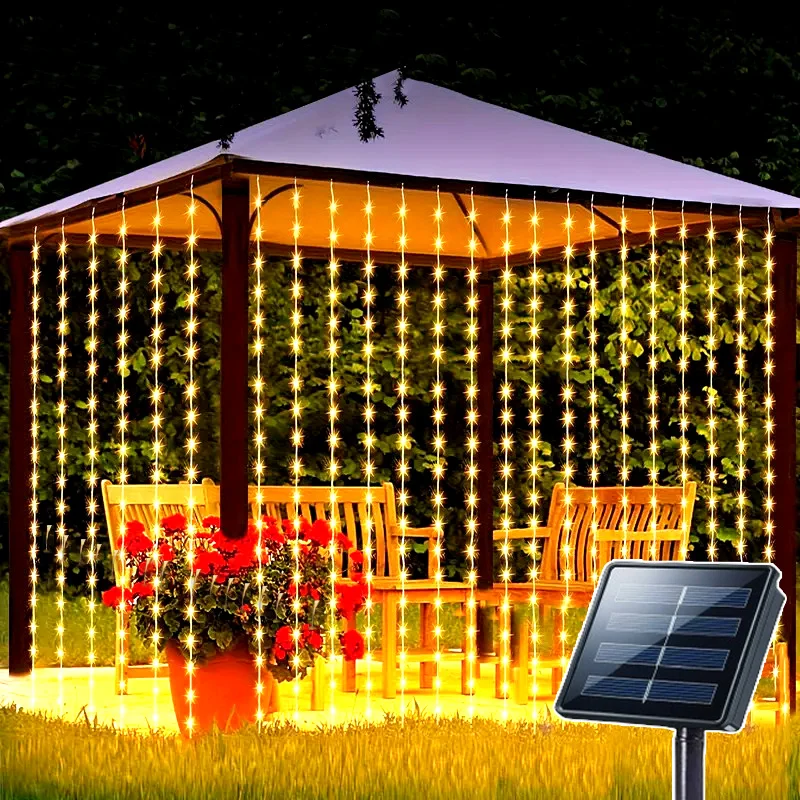 8つのモードを備えたソーラーカーテン、クリスマス、結婚式、パーティーの装飾用のフェアリーテイルライト、屋外ガーデンストリングライト、窓やパティオ用