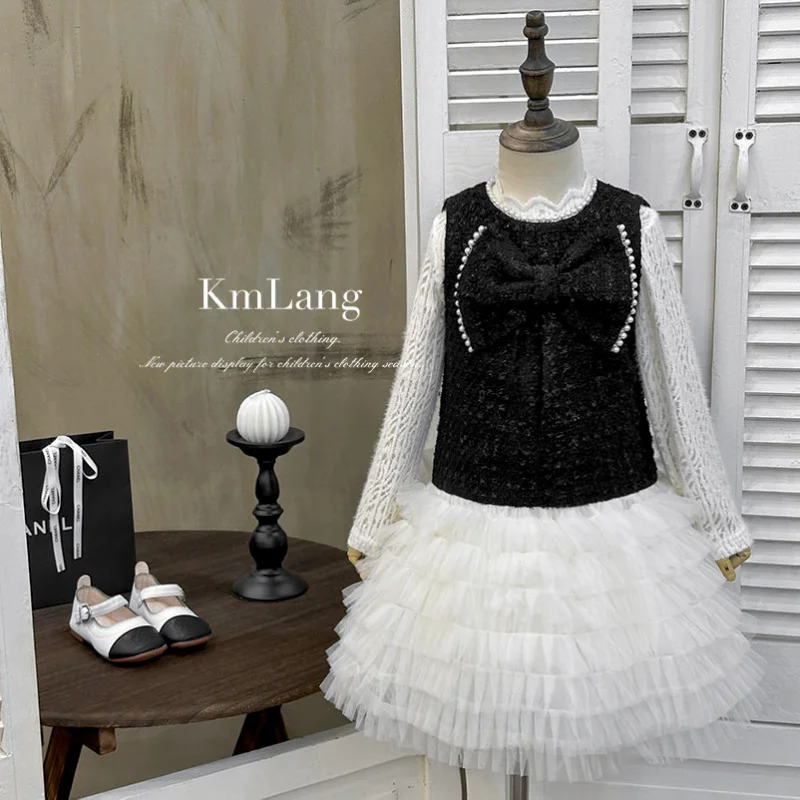 

Girls' Dress2025Autumn New Style Rich Lady Sleeveless Vest Dress Lace Trim Base Shirt Two-Piece Set