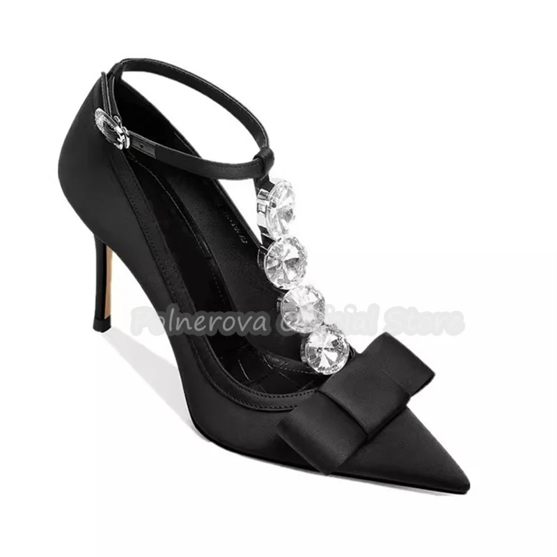 Luxury Rhinestone T-Strap Women Mary Janes Shoes Butterflt-Knot Decor Pointed Toe High Heel Pumps New Fashion Dress Party Shoes