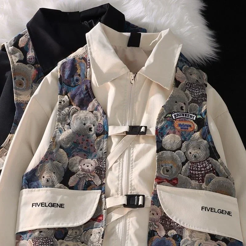 Fashion and Leisure Fake Two Cute Bear Sweater Vest Vest Men and Women Loose Oversize Lapel Single-breasted Vest Jacket Korean