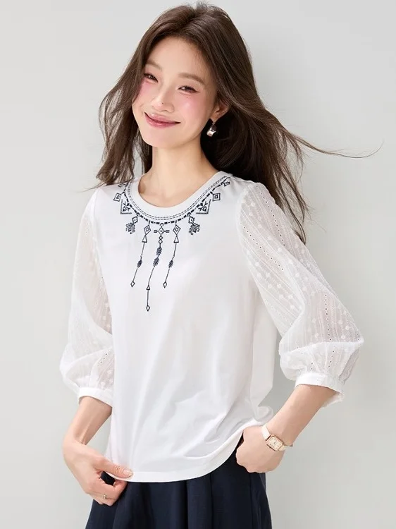 

Chic Mid-Sleeve Women's T-Shirt Base Shirt 2026 New Spring Fashionable Top Polyester Fiber Loose Fit Crew Neck Single Piece