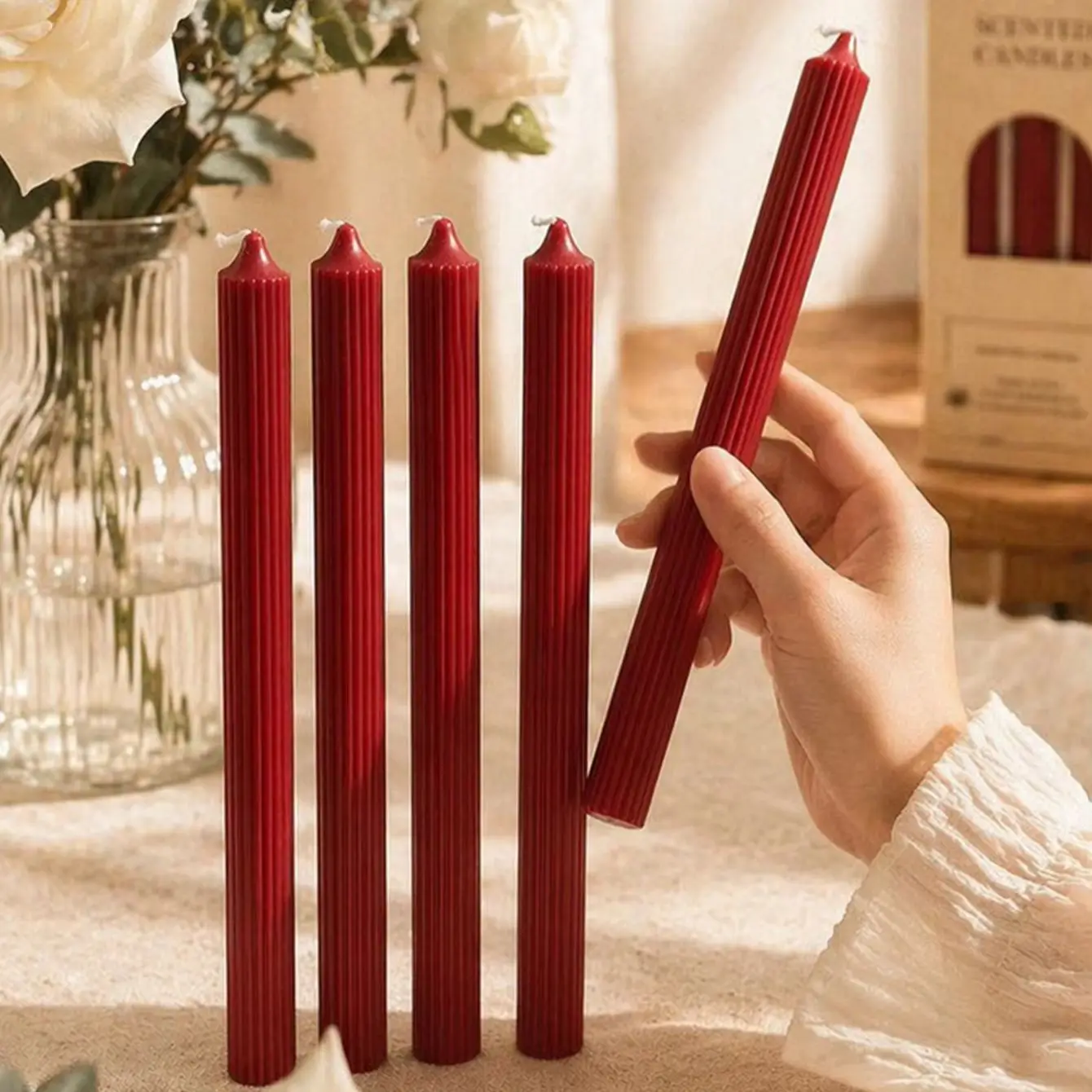 4pcs Wine Red Long Stick Aromatherapy Candles, No Black Smoke, Can Burn for 5 Hours, Made of Soy Wax, Home Decoration Candle