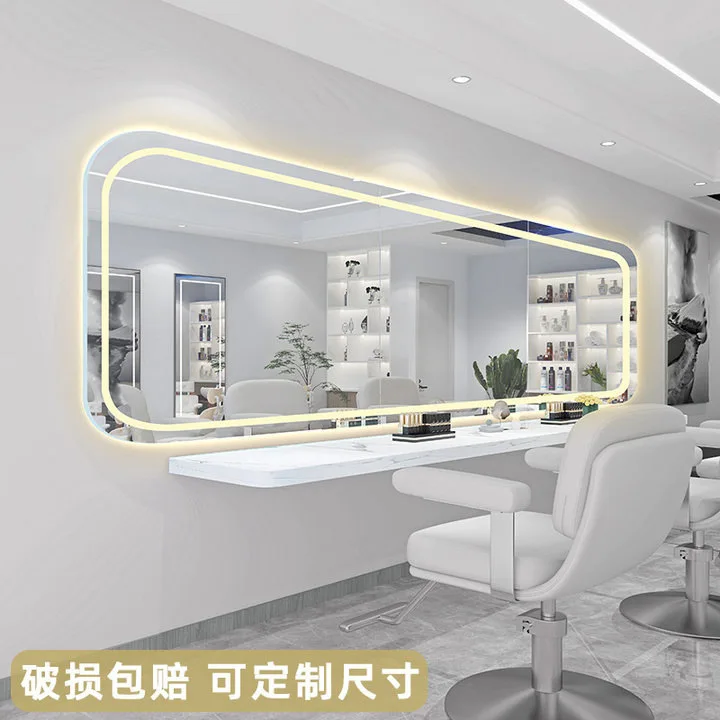 Barber Shop Mirror Hair Salon Special Hair Shearing Perm and Dyeing Mirror with LED Light Horizontal Hanging Chase Mirror High-e