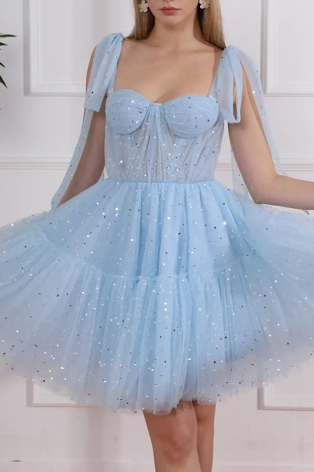 

Blue Strapless Corset Tulle Stars Midi Homecoming Dresses A-Line Short Prom Party Knee Length Party Cocktail Gowns فساتين سهرة