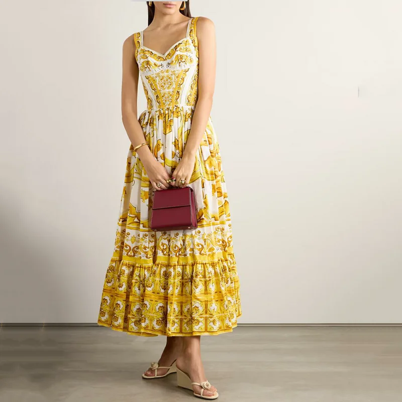 

Summer New Blue And White Porcelain Print Retro Strap Long Dress Sicily V Neck Pleated Waist Cinch Big Swing Holiday Dress