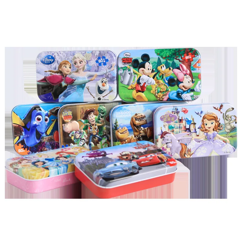 Disney Frozen Elsa Princess Marvel Mickey Toy Story Anime Cartoon Iron Box 60Pcs Picture Puzzle Gifts Toy Boys and Girls