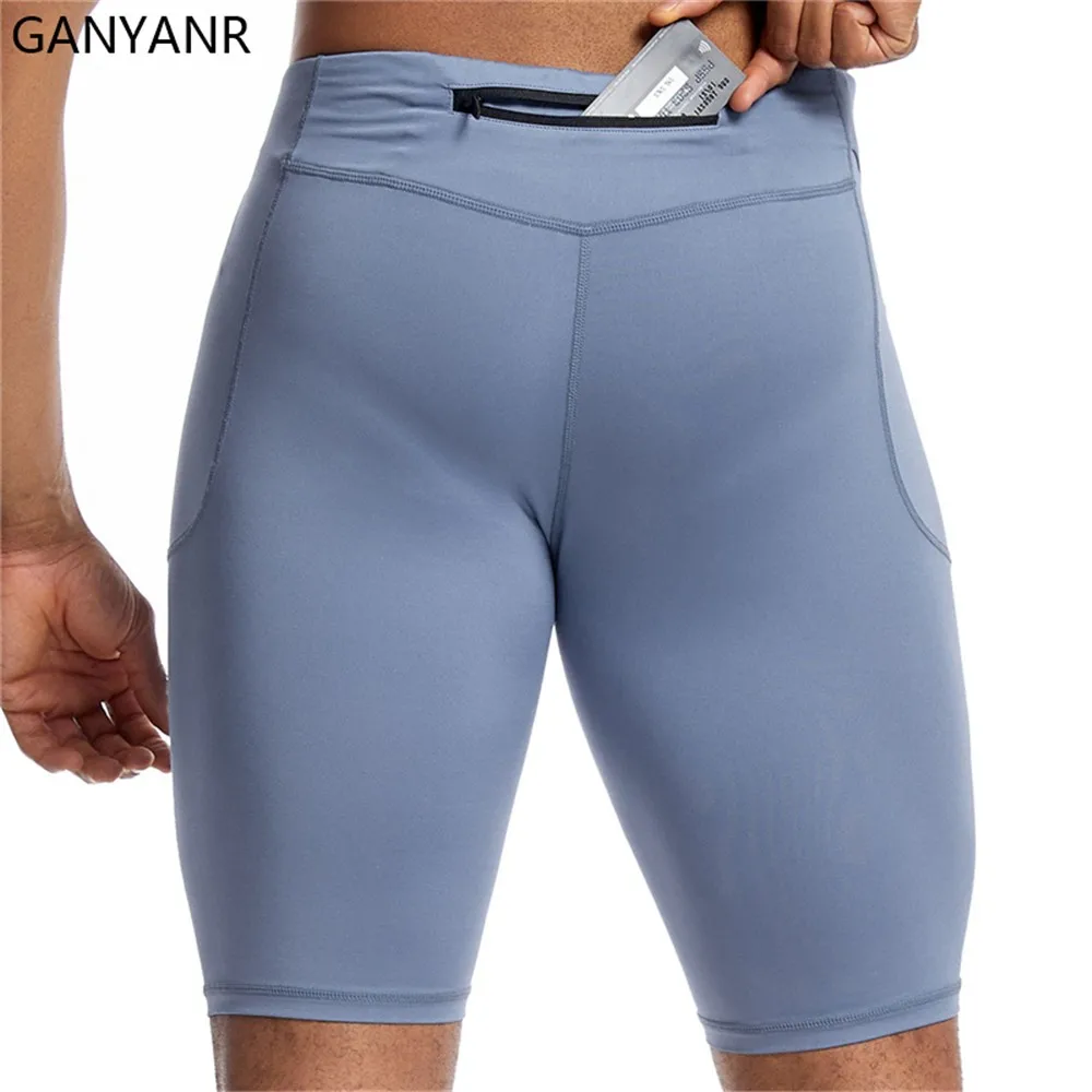 GANYANR mens running tights shorts with pockets Compression Cycling Yoga workout Leggings Football Sports gym basketball soccer