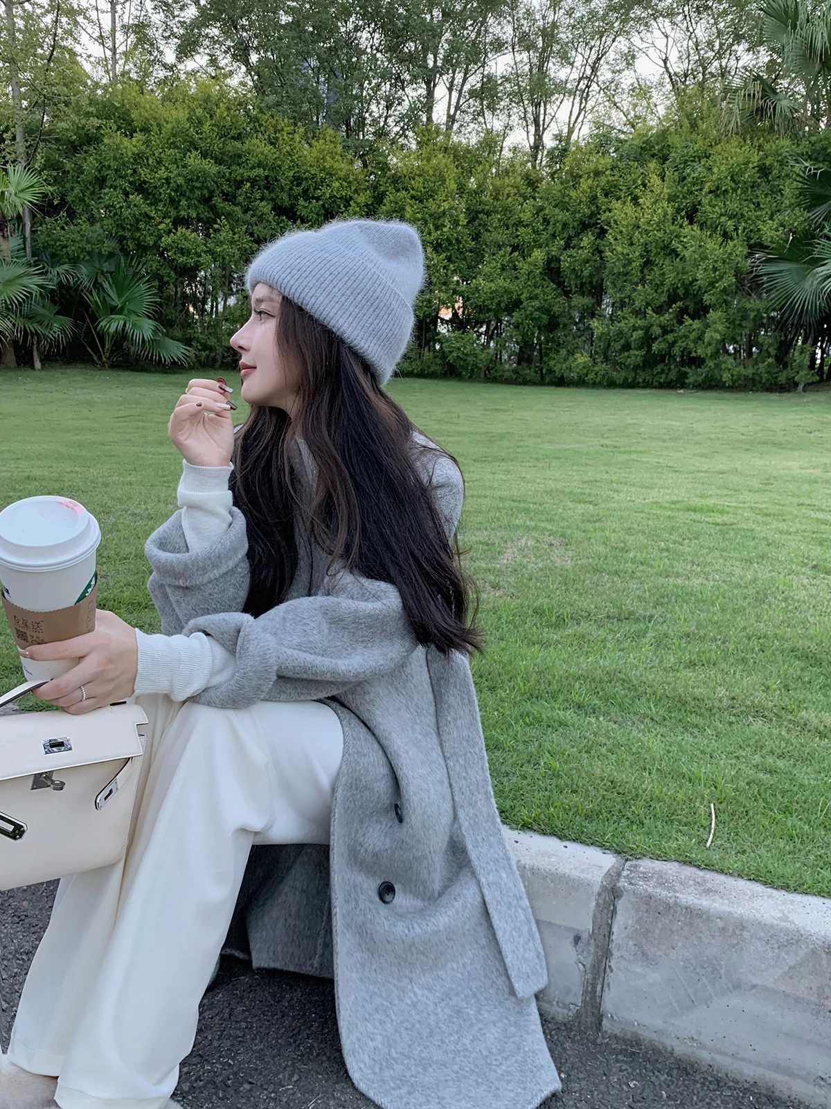 

Double-Faced Woolen Coat Morning Bean Alpaca Wool Coat Autumn Winter Mid-Length Waist-Cinching Wool Blend Outerwear