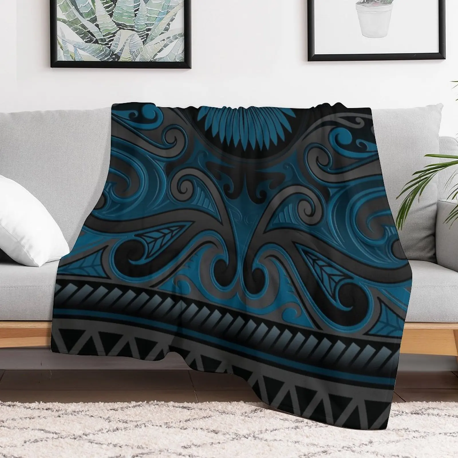 Blue Grey Ornate Maori Design, New Zealand Throw Blanket Sofas For Decorative Sofa Blankets