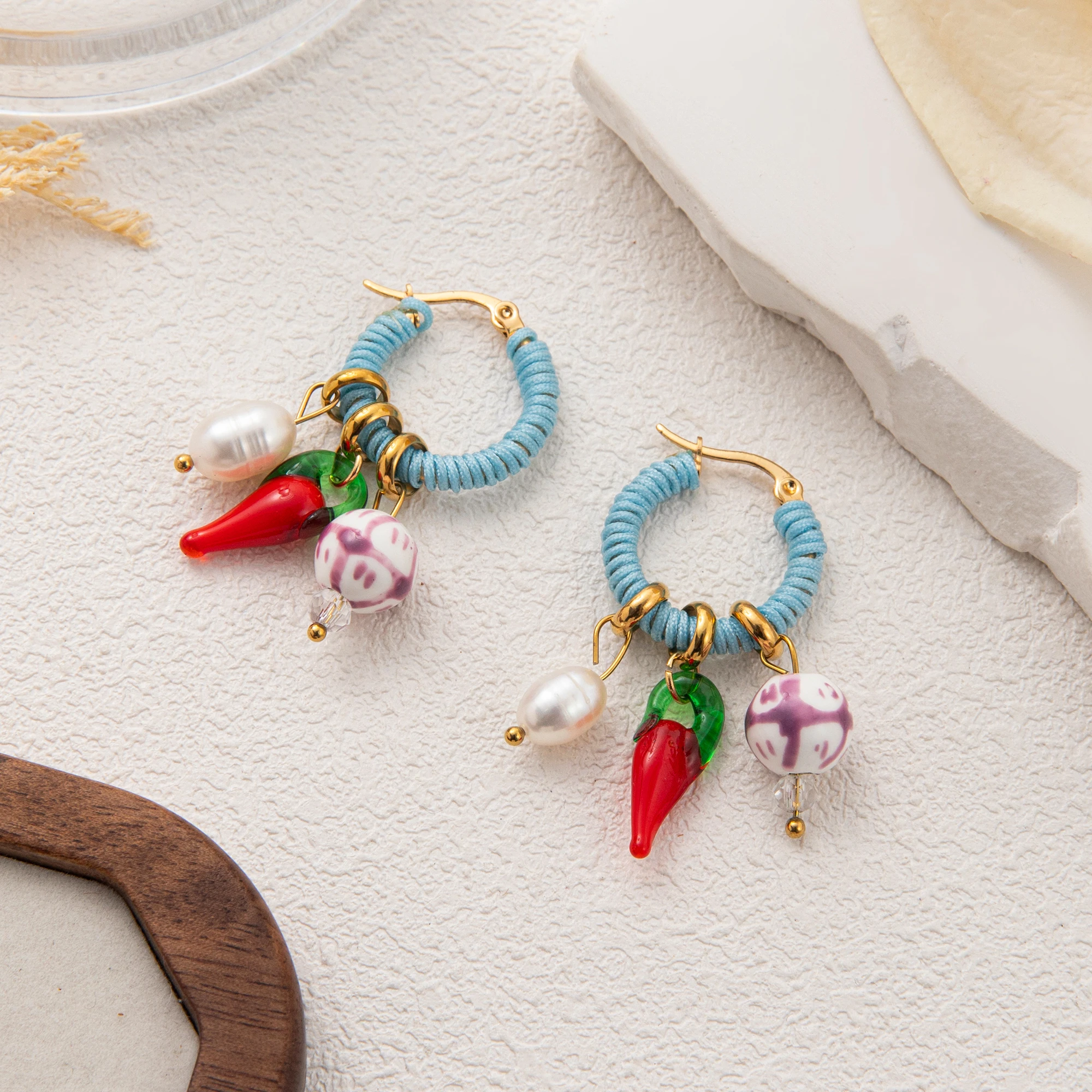 

Fashionable new chili pearl multi pendant earrings for women Stainless steel jewelry