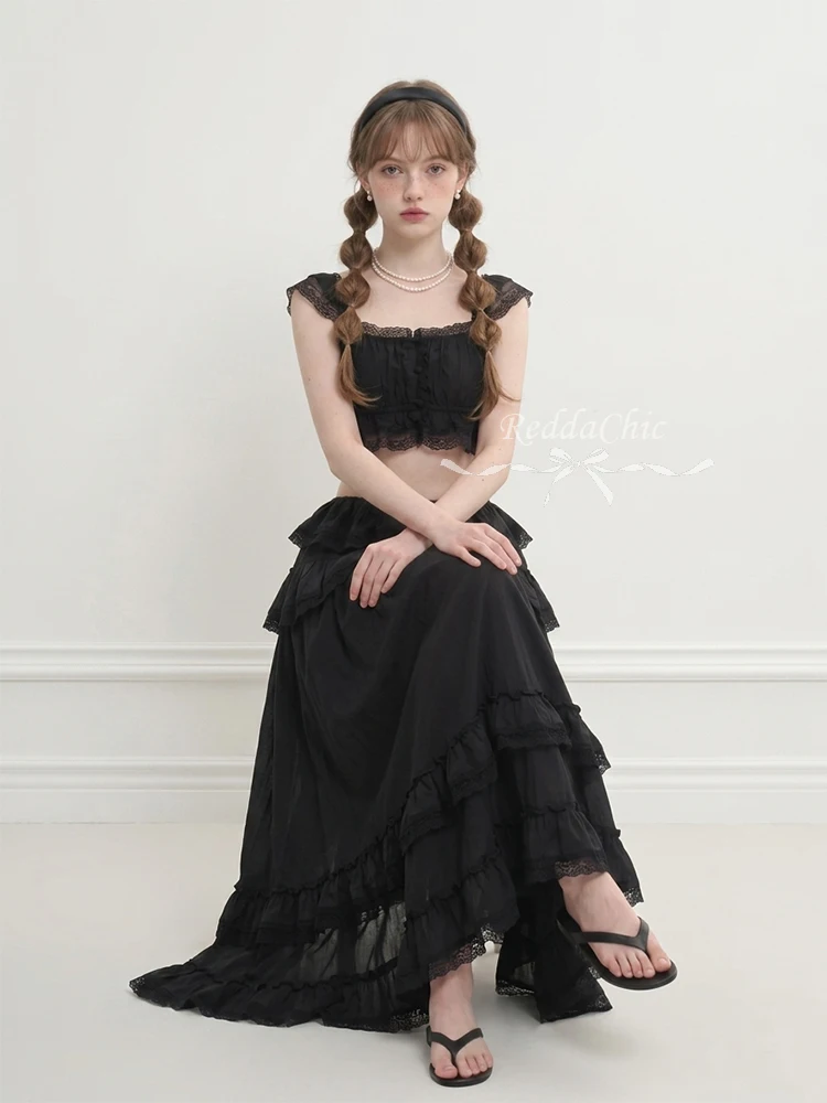 REDDACHiC Ruffled Camisole Skirt Women Matching Set Beach Low Waist Maxi Skirt Fly Sleeve Laced Crop Top Holiday Summer Clothes
