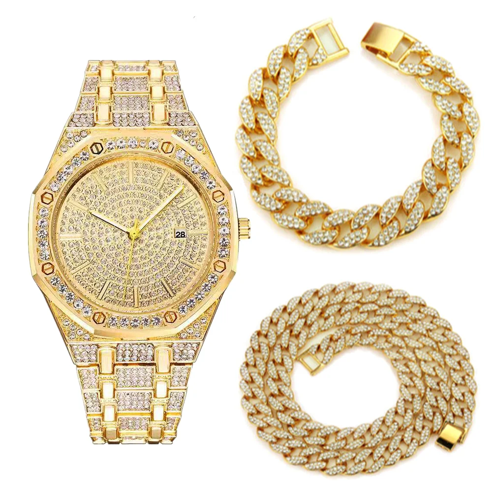 

Choker Necklace Bracelet Watch Hip Hop Miami Cuban Chain Gold Watch for Men Iced Out Watches Paved Rapper Mens Watch Bangle Gift