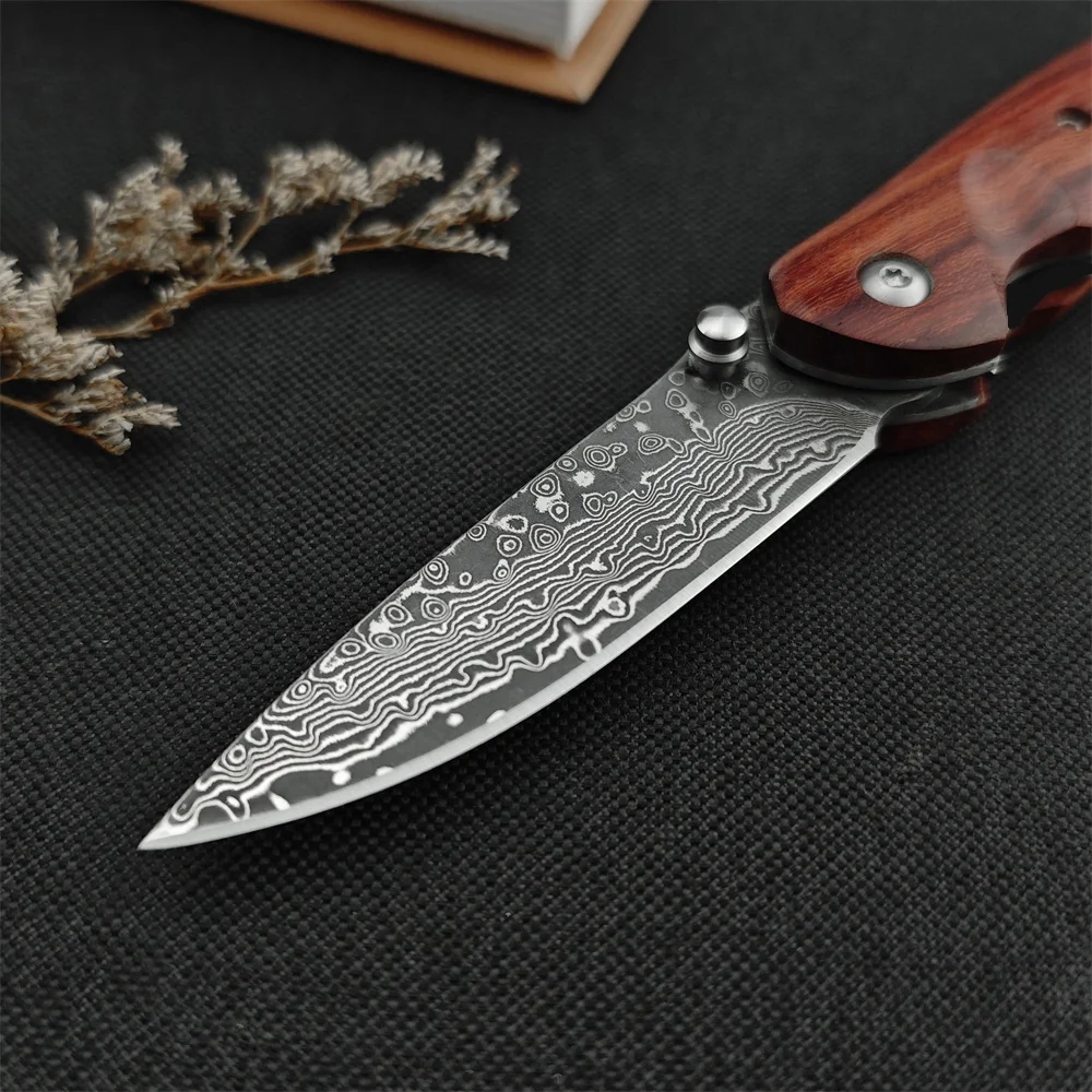 VG10 Damascus Steel Blade Flipper Assisted Folding Knife Wooden Handle Tactical Knives Outdoor Hunting Pocket Knife EDC Tool