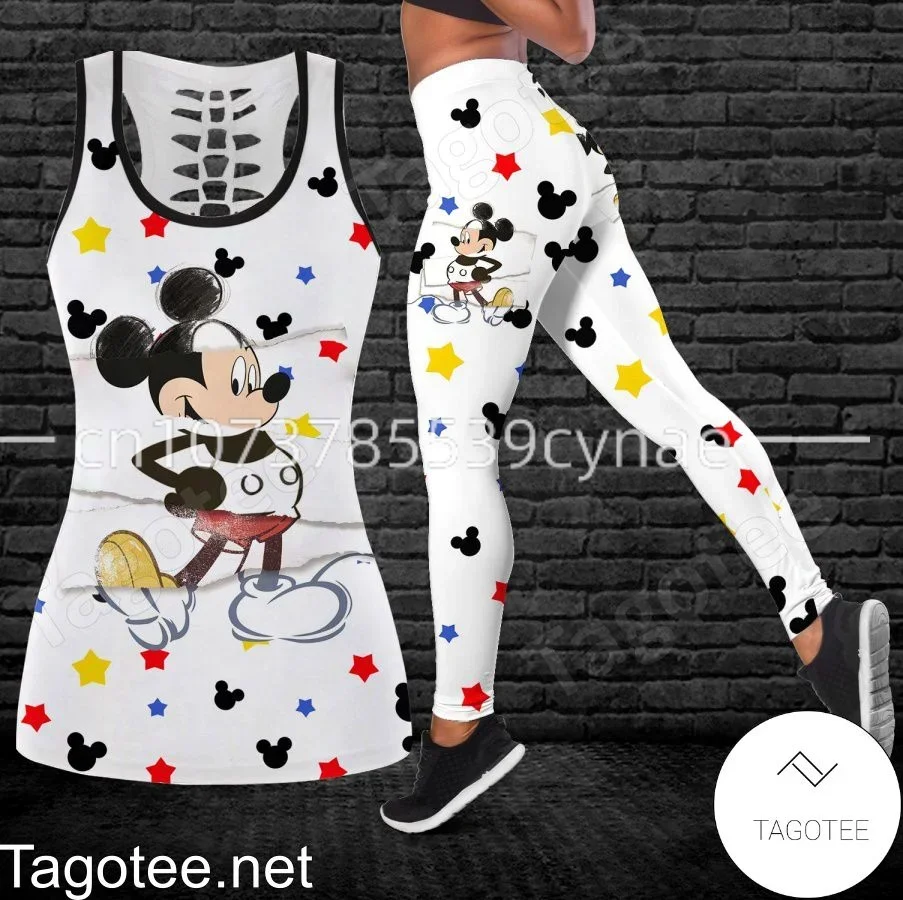 Disney Mickey Minnie Women's Hollow Vest + Women's Leggings Yoga Suit Fitness Leggings Sports Suit Tank Top Legging Set Outfit