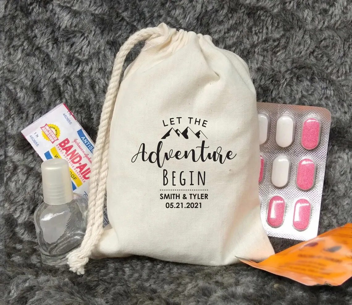 20 Pcs Personalized Let the adventure begin party favor bags Mountain camping Destination wedding bachelorette party favor bags