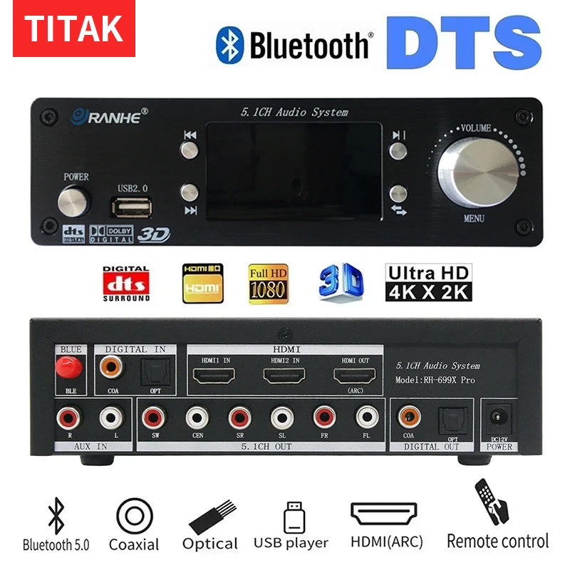 Digital 5.1 Channel Audio System Decoder 4K 3D HDMI-compatible Extractor ARC DTS Bluetooth Optical Coaxial RCA Adapter