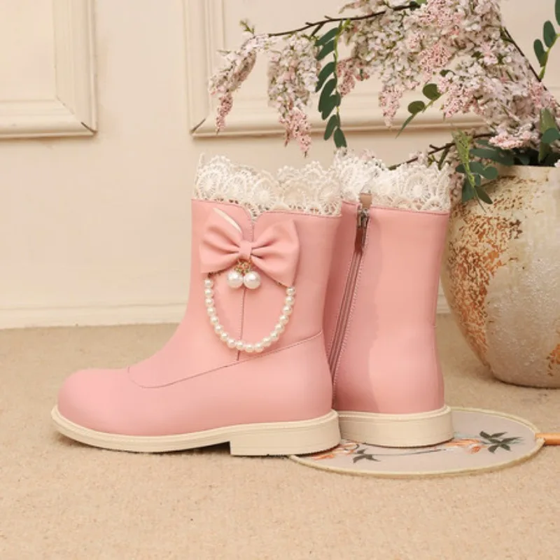 المرأة لطيف الأحذية الجانب سستة حذاء بكعب سميك جولة تو الدانتيل Bowknot حذاء من الجلد الفتيات الأميرة تأثيري فستان الحفلات أحذية موحدة #3