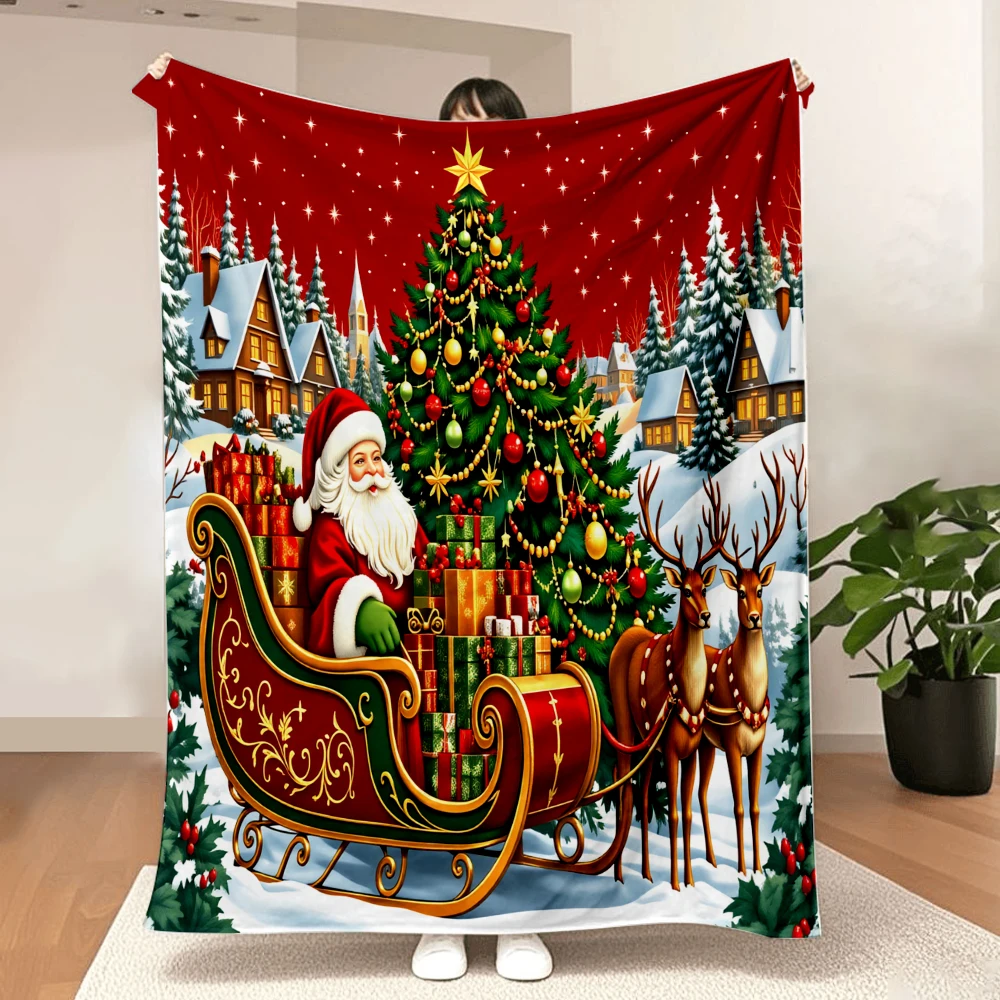 1PC Santa and Reindeer Sleigh Print Blanket-Made of soft, fluffy flannel, perfect for a sofa, bed or lounge chair. Ideal for Chr