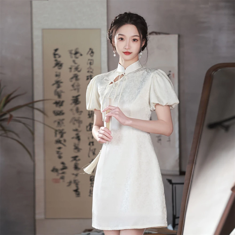 

Summer Short Cheongsam Dress Young Girl Jacquard Puff Sleeves Qipao Vestido Chinese Style Evening Formal Dresses For Women New