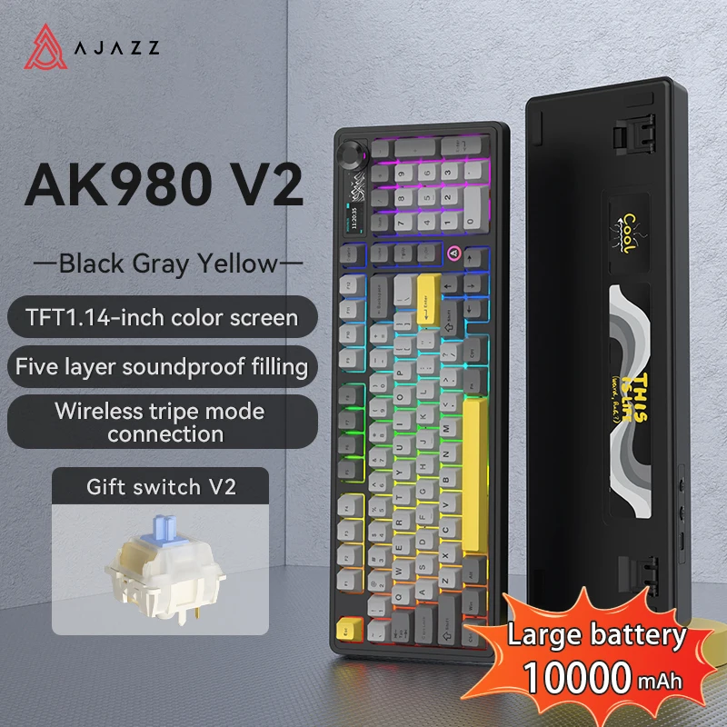 AJAZZ AK980 V2 Draadloos Bluetooth 2.4G Bedraad Tri-Mode-toetsenbord Zwart Grijs Geel TFT-kleurenscherm RGB Mechanisch gamingtoetsenbord