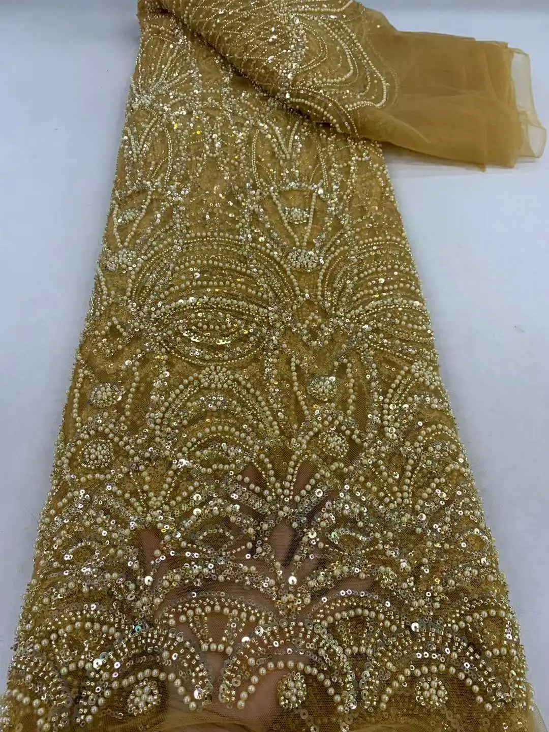 

Gold African Tulle Beads Lace Fabrics For Women Sewing Evening Dresses French Embroidery Mesh Sequin Beaded Fabric 5yards Cloth