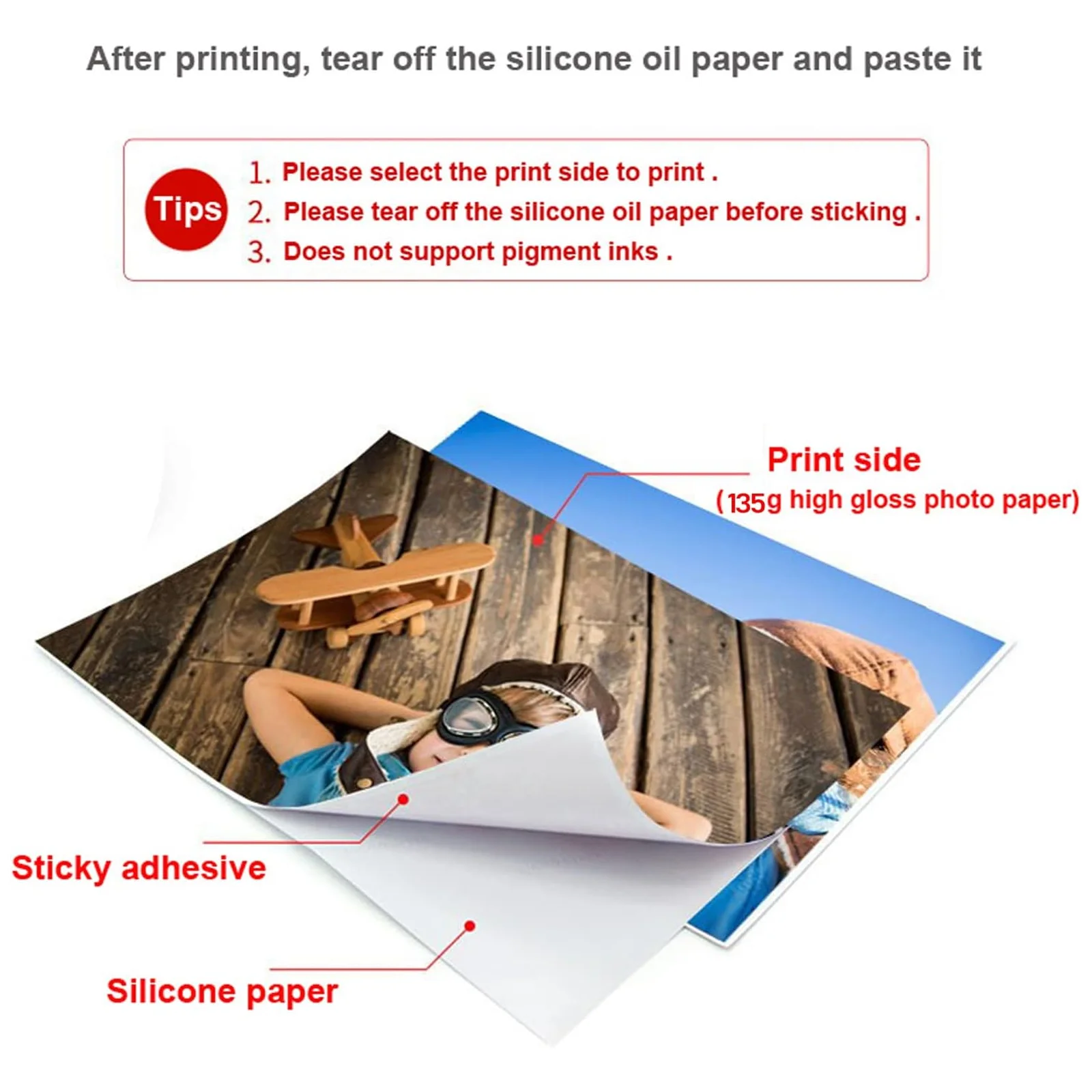 HUSPER 100 Sheets Glossy Adhesive Photo Paper 135Gsm 3R/4R/5R Single-Sided Inkjet Compatible Home Office Use with Grey Back